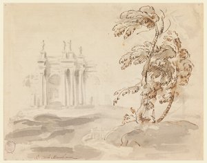 Disegno, Albero in paesaggio con edificio, 1756-78 da Carlo Marchionni