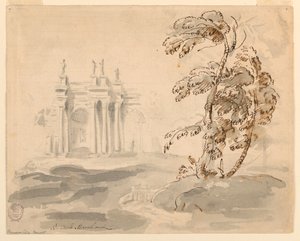 Disegno, Albero in paesaggio con edificio, 1756-78 da Carlo Marchionni