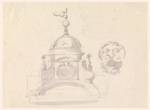 Elevazione di una cupola, disegno per una maschera e caricatura da Carlo Marchionni