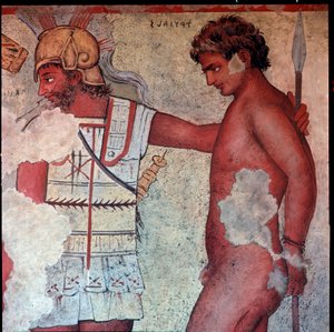 Civiltà etrusca: rappresentazione del sacrificio dei prigionieri troiani in omaggio a Patroclo (riproduzione di Carlo Ruspi degli affreschi del IV secolo a.C. della Tomba François di Vulci)