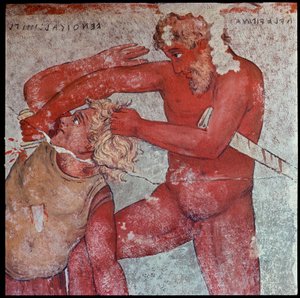 Civiltà etrusca: rappresentazione del sacrificio dei prigionieri troiani in omaggio a Patroclo