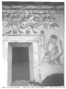 Marce Camitlnas e Cneve Tarchunies Rumach, ricostruzione del dipinto murale etrusco nella Tomba François a Vulci, c.320-280 a.C.