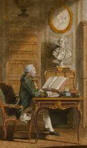 Monsieur de Cormainville nella sua biblioteca, scrivendo alla sua scrivania da Carmontelle
