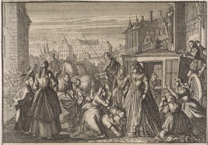 Donne inginocchiate a Parigi davanti alla regina Anna chiedono di ridurre le tasse, 1645 da Caspar Luyken (attributed to)