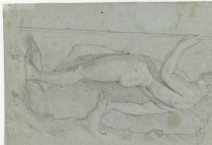 Studio di un giovane nudo in piedi con bastone