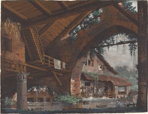 Fantasia architettonica di rovine antiche con mulino ad acqua