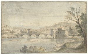 Paesaggio fluviale italianeggiante con un ponte
