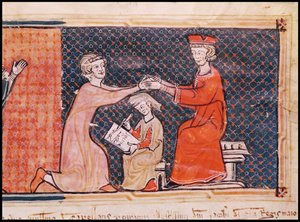 Il Procuratore Reale, lo Scriba e il Signore Feudale, da Capbreu de Clayra et de Millas 1292