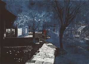 Suono di musica in periferia, 2012 (linoleografia e incisione) da Catherine Sutcliffe Fuller