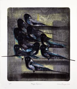 Ritmo di gazza, 2016 (litografia mokulito con colorazione a mano)