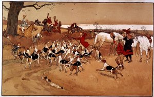 Scena di caccia; tiro. Incisione di Cecil Aldin (1870 -?), Inghilterra. Collezione privata da Cecil Charles Windsor Aldin