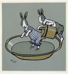 Conigli che fanno il bagno - in "Merry Party", ill. di Cecil Aldin, ed. Hodder & Stoughton, Londra