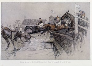 Il Grand National Steeple Chase a Liverpool: Il salto del fiume - disegno di Cecil Aldin da Cecil Charles Windsor Aldin