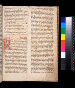 Ms 148. Gregorio Magno, Dialogi in traduzione italiana di Domenico Cavalca, f.2r Iniziale decorata [N] in inchiostro rosso con decorazioni a penna in inchiostro marrone