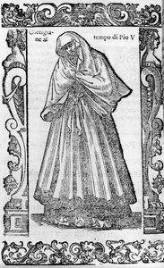 Rinascimento: una cortigiana al tempo di Papa Pio V (1566-1572). Incisione da Modern and Ancient Costumes di Cesare Vecellio da Cesare (attr. to) Vecellio