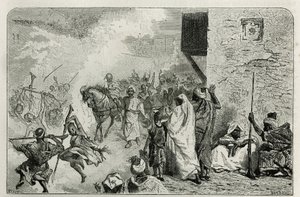 Un giovane ragazzo trionfa al ritorno della cerimonia di circoncisione, in mezzo alla folla che spara colpi in aria, mentre urla e si diverte, incisione di C.Biseo per illustrare la storia Le Maroc di Edmondo de Amicis, nel 1877 da Cesare Biseo
