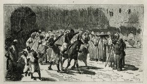 La punizione di un ladro, salito su un mulo, riceve bastonate sotto gli scherni della folla, incisione di C.Biseo, per illustrare la storia Le Maroc di Edmondo de Amicis, nel 1875, pubblicato in Le tour du monde da Cesare Biseo