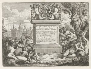 Dedica e stemma di Agostino Chigi e veduta di Roma da Cesare Fantetti