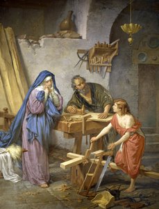 Giuseppe, Maria e Gesù nella falegnameria