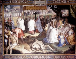 Peste di Milano: San Carlo Borromeo (1538 - 1584) comunica i moribondi. Affresco di Carlo Nebbia al Collegio Borromeo di Pavia. XVI secolo da Cesare Nebbia