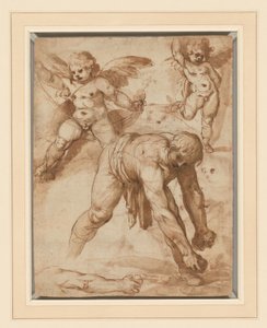 Studi di una figura che si china, due putti e un braccio (recto); Riposo durante la fuga in Egitto (verso)