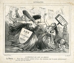 Illustrazione di Cham (1819-1879) in Le Charivari, circa 1850-4-3 - La nuova legge sulla stampa - Censura, Stampa/Media, Legge - Proudhon Pierre-Joseph (1809-1965), Girardin Emile de (1806-1881) - Allegoria