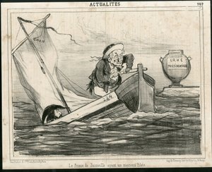 Illustrazione di Cham (1819-1879) in Le Charivari, circa 1850 - Il Principe di Joinville con un cattivo pilota - Elezioni, Presidente della Repubblica, Marina Marittima Nautica Balneare - Thiers Adolphe, François d