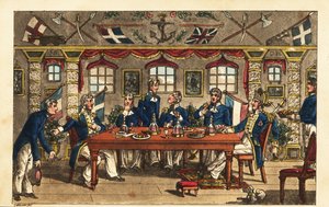 Guardiamarina Newcome che si inchina mentre lascia la cena nella cabina del capitano, HMS Victory