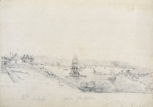 A destra, il campo dei francesi della spedizione Baudin a Bennelong Point, a sinistra, Sydney, casa di Nicolas Bayley - matita e inchiostro di Charles Alexandre Lesueur da Charles Alexandre Lesueur