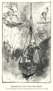 Stephenson scende nel pozzo (incisione) da Charles Altamont Doyle