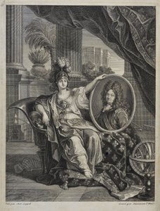 Luigi XIV (1638-1715), Re di Francia, Protettore delle Scienze - incisione di Antoine Coypel in 