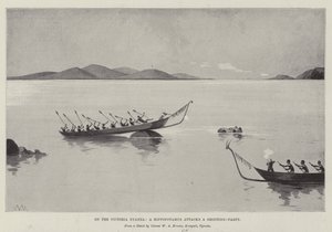 Sul Victoria Nyanza, un Ippopotamo attacca una Battuta di Caccia da Charles Auguste Loye
