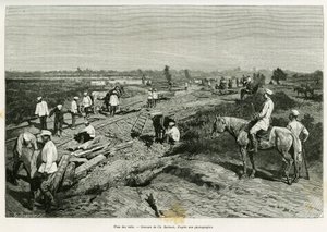 Posa dei binari transcaspiani. Incisione di Ch. Barbant per illustrare la storia Viaggio a Merv, di Edgar Boulanger, in le tour du monde 1887, diretto da Edouard Charton (1807-1890), Hachette, Parigi da Charles Barbant