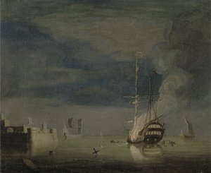 Un Due-Ponti in Fiamme di Notte vicino a un Forte, c.1740