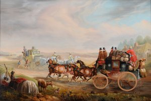 Carrozza della posta reale Hull-Londra che incontra una carrozza da viaggio sulla strada, c.1835
