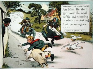 Avviso di avvicinamento. Art. IV.(5) Deve dare un avviso udibile e sufficiente...quando supera i pedoni, da un libro di regole della strada, pubblicato c.1905 da Charles Crombie
