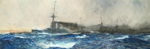La HMS Iron Duke alla testa delle altre navi capitali della flotta da Charles Dixon
