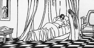 Melisande in visita a Golaud, che giace a letto dopo essere caduto da cavallo, xilografia di Charles Doudelet per Pelleas e Melisande di Maurice Maeterlinck, pubblicato da Claudio Argentieri, Spoleto, Italia da Charles Doudelet