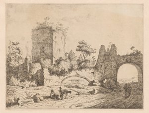 Paesaggio con rovina di una torre e un portale