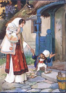 Il fratellino Bit portò la sua bella sposa nella casa che aveva costruito per lei, scena da Fratellino Bit in Storie per bambini dalle leggende rumene di Moses Gaster (1856-1939) 1921