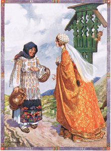 La principessa...le chiese di scambiare i vestiti da contadina con i suoi abiti regali, scena da Buona fortuna e cattiva fortuna in Storie per bambini dalle leggende rumene di Moses Gaster (1856-1939) 1921 da Charles Edmund Brock