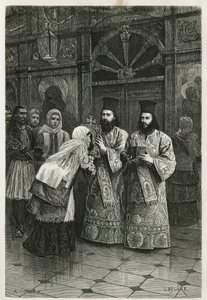 Sacerdoti che danno a baciare le immagini sacre, incisione di Ch. Delort, per illustrare il viaggio di Henri Belle in Grecia nel 1861, 1868 e 1874, pubblicato in Le tour du monde, sotto la direzione di Edouard Charton