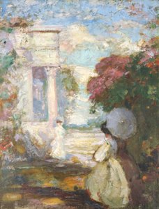 Paesaggio lirico con due figure in abiti del XIX secolo