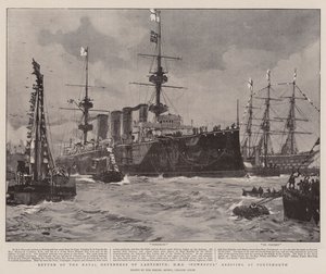 Ritorno dei Difensori Navali di Ladysmith, HMS Powerful in arrivo a Portsmouth