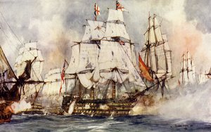 La vittoria a Trafalgar. La nave ammiraglia di Nelson si avvicina alla Santissima Trinidad
