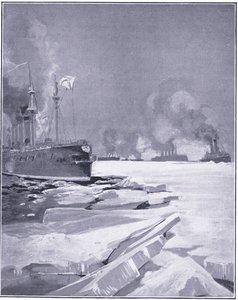 La squadra di Vladivostok che si fa strada attraverso il ghiaccio fuori dal porto di Vladivostok, illustrazione da Cassells History of the Russo-Japanese War Vol 1, c.1900 da Charles Edward Dixon