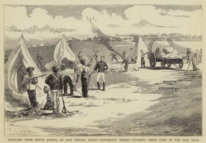 Schizzi dal Sudafrica, truppe ottentotte che montano il loro campo nel Peri Bush da Charles Edwin Fripp