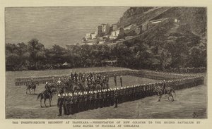 Il ventiquattresimo reggimento a Isandlana, presentazione dei nuovi colori al secondo battaglione da parte di Lord Napier di Magdala a Gibilterra da Charles Edwin Fripp