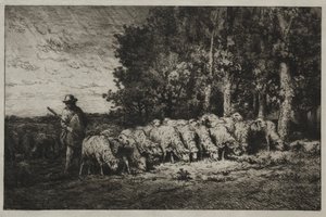 Un gregge al margine di una foresta da Charles Emile Jacque