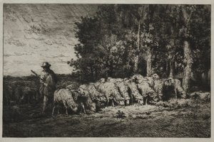 Un gregge al margine di una foresta, 1880 da Charles Emile Jacque
